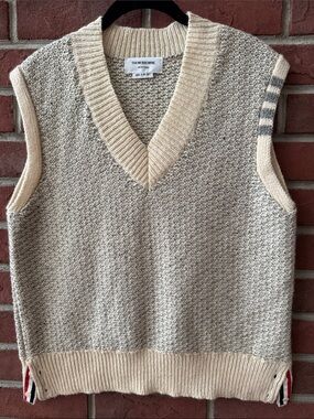 Thom Browne Neutral Beige & Cream Wool Mohair Tweed 4-Bar V-Neck Men’s Vest M